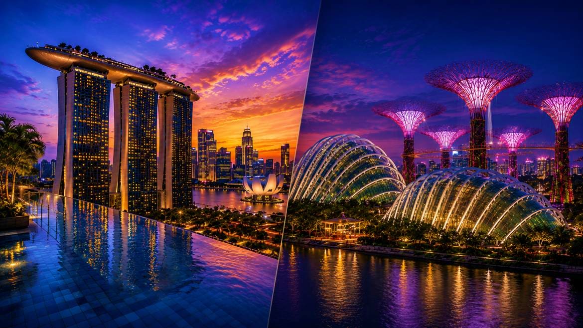 Singapore skyline at dusk with Marina Bay Sands hotel, illuminated Gardens by the Bay, and city lights reflecting in water